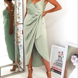 Oh Hello Clothing Satin Midi Wrap Dress